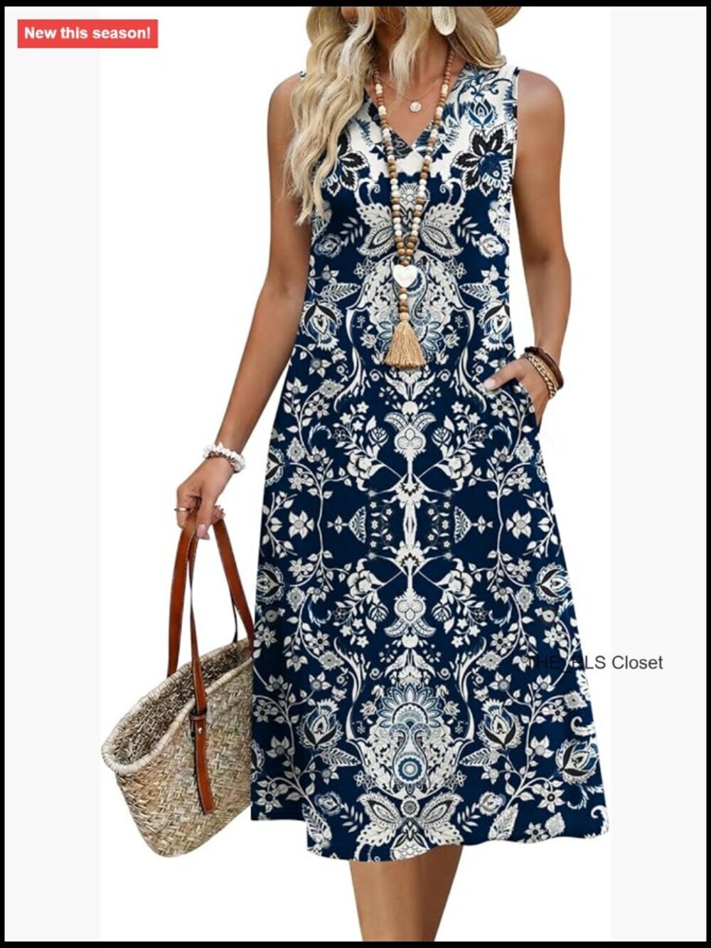 Polyester Spandex Midi Sundress with Pockets V Neck Casual Beach